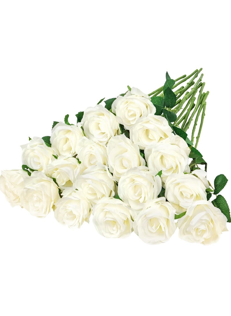KASTWAVE 18 Pcs Fake Roses Artificial Flowers Long Stem Silk Roses Bouquet for Valentines Day Decor Home DIY Wedding Bouquets White Bridal Shower Centerpieces Arrangements Party Tables Decorations White - Image 1