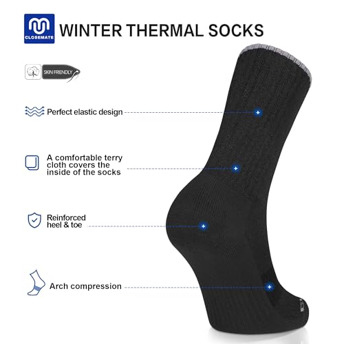 CLOSEMATE Mens Thermal Winter Crew Socks for Boots Thick and Warm for Cold Weather Work Hiking 5 Pairs(5 Black, Size L) - Image 2