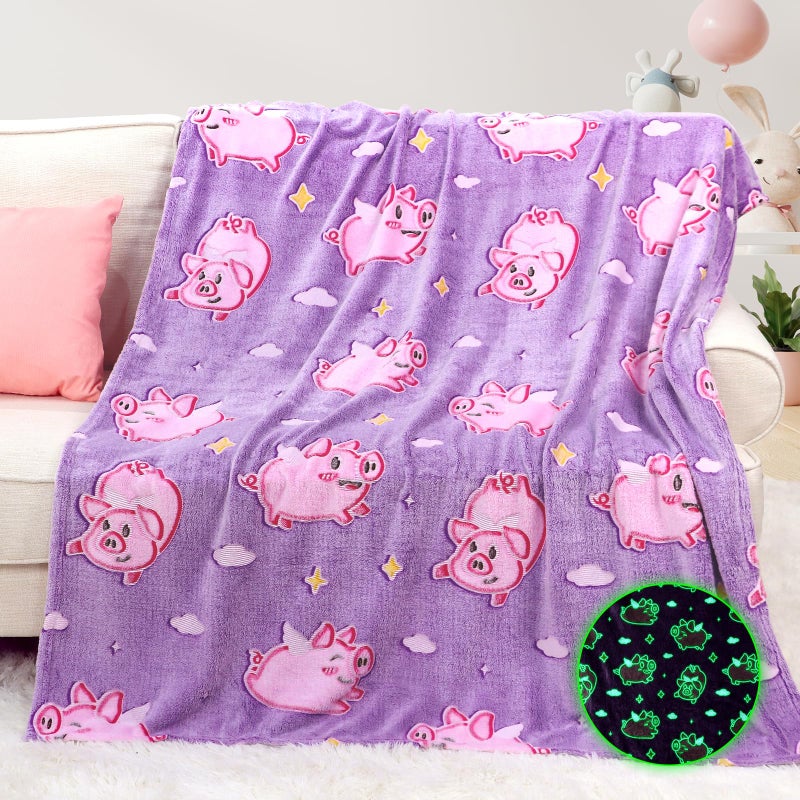 MIBOI Pig Blanket Glow in The Dark Cute Pink Pig Throw Blanket for Girls Kids Pig Gifts for Girls Soft Fleece Animal Blanket for Toddler Pig Decor Kids Birthday Valentines - Image 1
