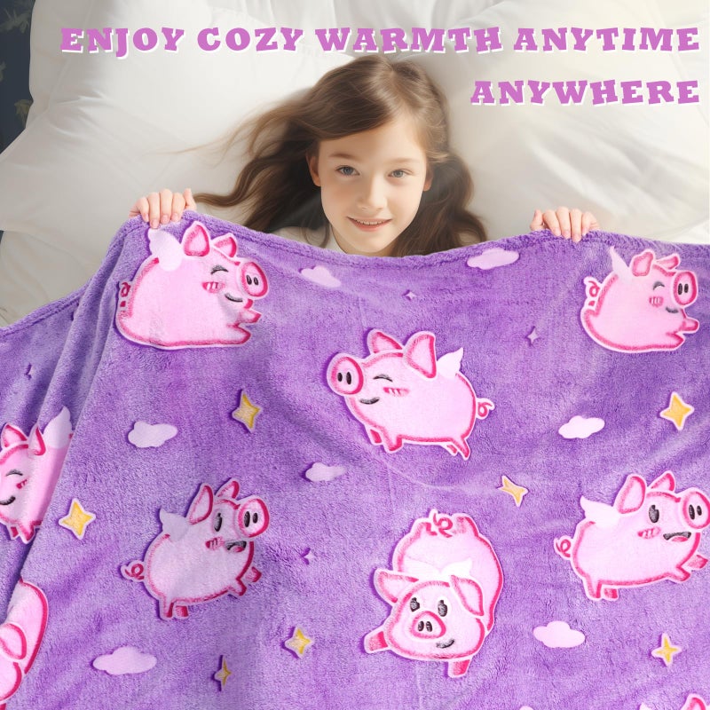 MIBOI Pig Blanket Glow in The Dark Cute Pink Pig Throw Blanket for Girls Kids Pig Gifts for Girls Soft Fleece Animal Blanket for Toddler Pig Decor Kids Birthday Valentines - Image 4