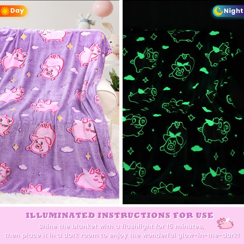 MIBOI Pig Blanket Glow in The Dark Cute Pink Pig Throw Blanket for Girls Kids Pig Gifts for Girls Soft Fleece Animal Blanket for Toddler Pig Decor Kids Birthday Valentines - Image 5