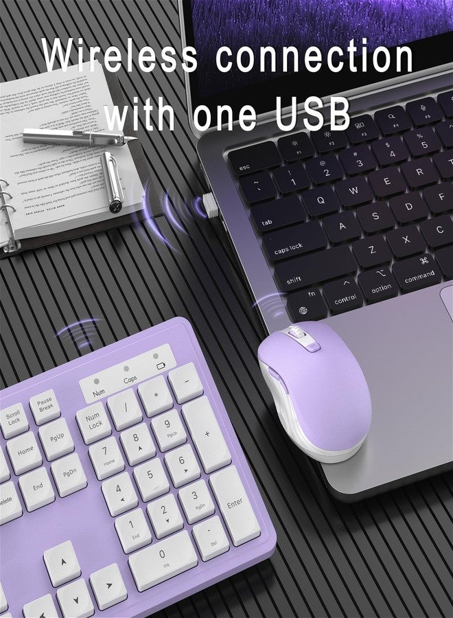 MPTOG Wireless Keyboard and Mouse Combo, Full-Size 104-Key Office Keyboard with 15 Function Keys, Numeric Keypad, Single USB Receiver, Compatible with PC and Laptop(Purple White) - Image 4