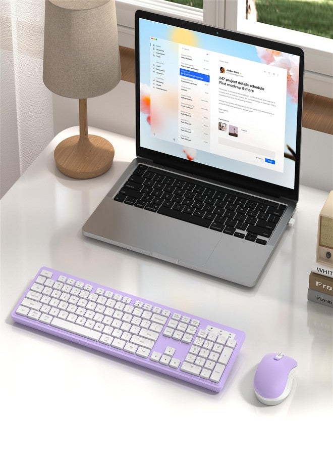 MPTOG Wireless Keyboard and Mouse Combo, Full-Size 104-Key Office Keyboard with 15 Function Keys, Numeric Keypad, Single USB Receiver, Compatible with PC and Laptop(Purple White) - Image 3