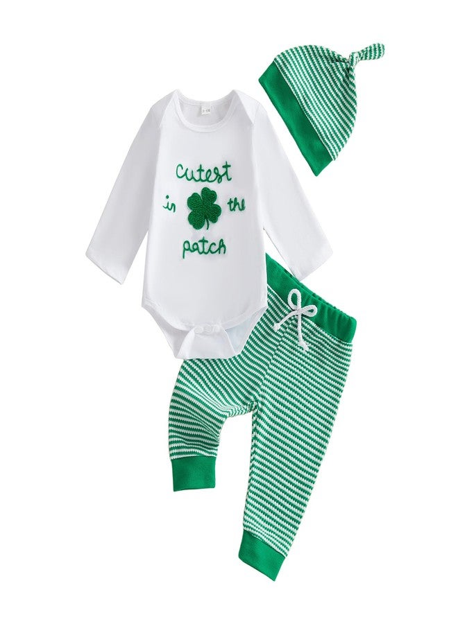 Mobbdow Newborn Baby Boy St Patricks Day Outfit Cutest Clover In the Patch Romper Striped Waffle Pants with Hat 3Pcs Sets (A-White Green, 0-3 Months) - Image 1