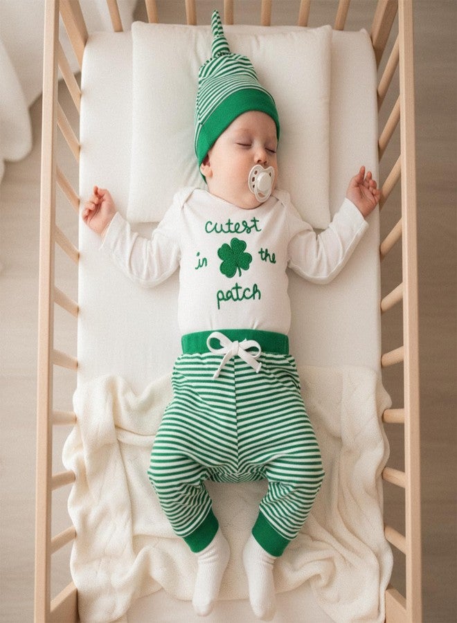Mobbdow Newborn Baby Boy St Patricks Day Outfit Cutest Clover In the Patch Romper Striped Waffle Pants with Hat 3Pcs Sets (A-White Green, 0-3 Months) - Image 2
