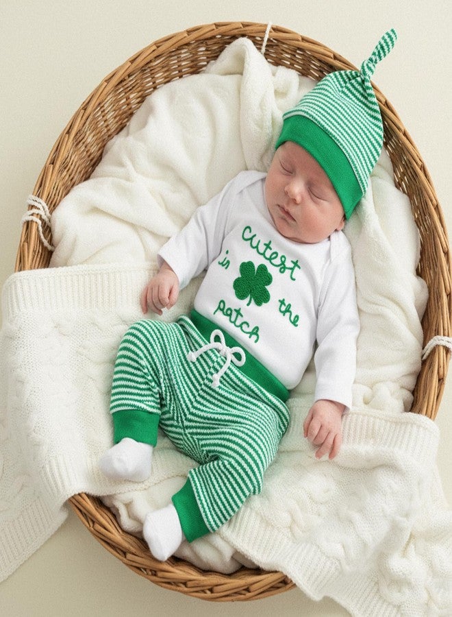 Mobbdow Newborn Baby Boy St Patricks Day Outfit Cutest Clover In the Patch Romper Striped Waffle Pants with Hat 3Pcs Sets (A-White Green, 0-3 Months) - Image 3