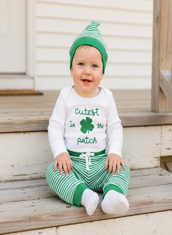 Mobbdow Newborn Baby Boy St Patricks Day Outfit Cutest Clover In the Patch Romper Striped Waffle Pants with Hat 3Pcs Sets (A-White Green, 0-3 Months) - Image 5
