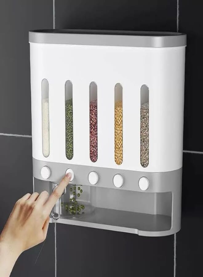 Wall-Mounted Dry Food Dispenser, 5 Compartments with Display Windows, Kitchen Storage Container with Top Shelf (grey)