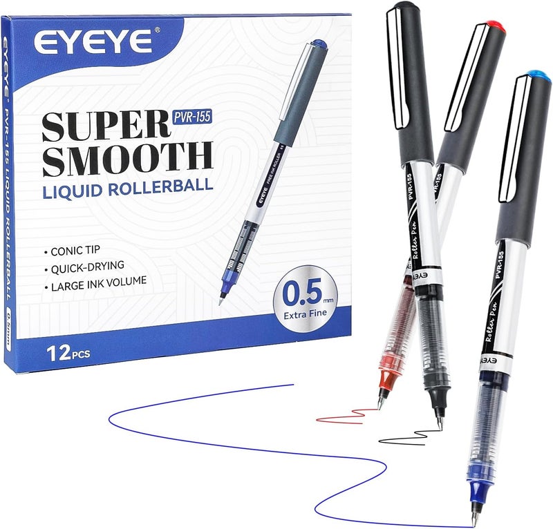 EYEYE أقلام رولر بال 0.5 مم 12 حبة 3 ألوان، قلم رولر بال نقطة دقيقة جداً جاف سريع، أقلام حبر سائل نقطة دقيقة كتابة سلسة للتدوين، أخذ الملاحظات، مستلزمات المكتب، المدرسة - Image 1