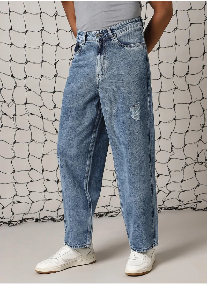 Hubberholme Men's Indigo 100% Cotton Distressed Full Length Loose Fit Jeans