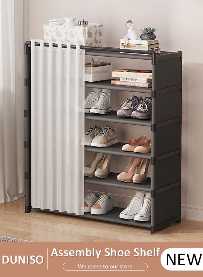 DUNISO رف أحذية قابل للتجميع، رف أحذية معدني 6 طوابق مع ستارة، خزانة رف أحذية سهلة التجميع، خزانة أحذية خفيفة الوزن وسعة كبيرة للتخزين في مدخل المنزل - Image 1