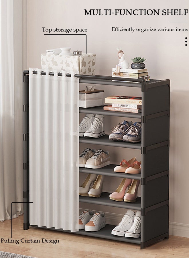 DUNISO رف أحذية قابل للتجميع، رف أحذية معدني 6 طوابق مع ستارة، خزانة رف أحذية سهلة التجميع، خزانة أحذية خفيفة الوزن وسعة كبيرة للتخزين في مدخل المنزل - Image 5