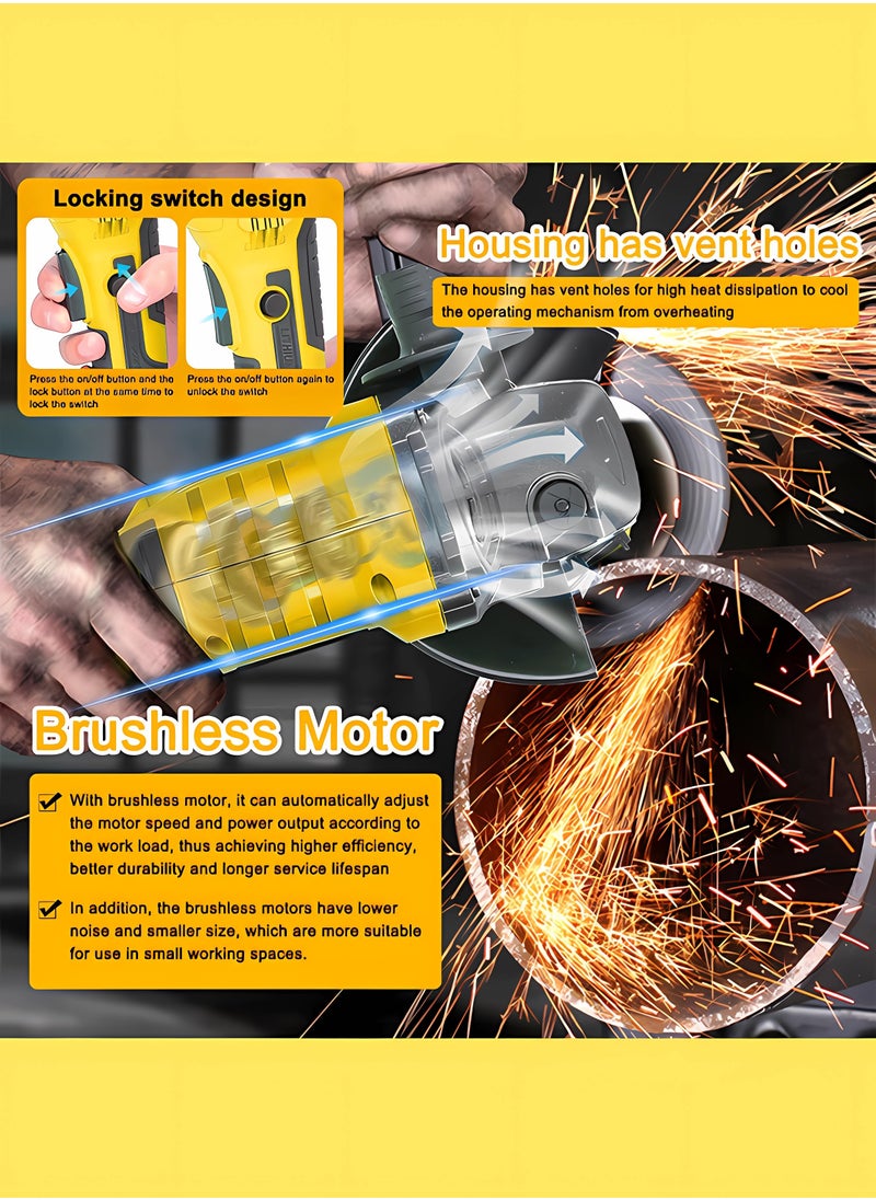 WEMART 36V Angle Grinder, Powerful Motor, Max. 10000 RPM, Drill, Angle Grinder, Cordless, Rechargeable Battery, Lightweight, Ergonomic, 2 6.0Ah Li-ion Batteries, Charger, Yellow  - Image 2