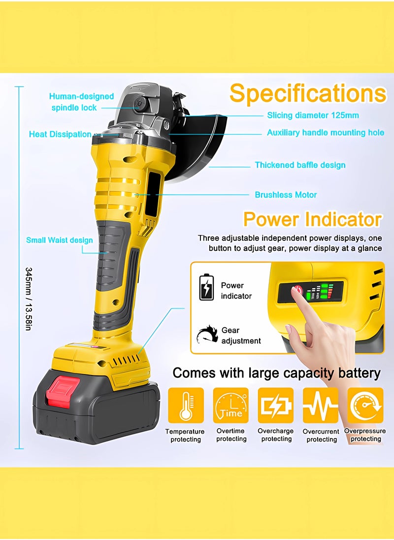 WEMART 36V Angle Grinder, Powerful Motor, Max. 10000 RPM, Drill, Angle Grinder, Cordless, Rechargeable Battery, Lightweight, Ergonomic, 2 6.0Ah Li-ion Batteries, Charger, Yellow  - Image 3