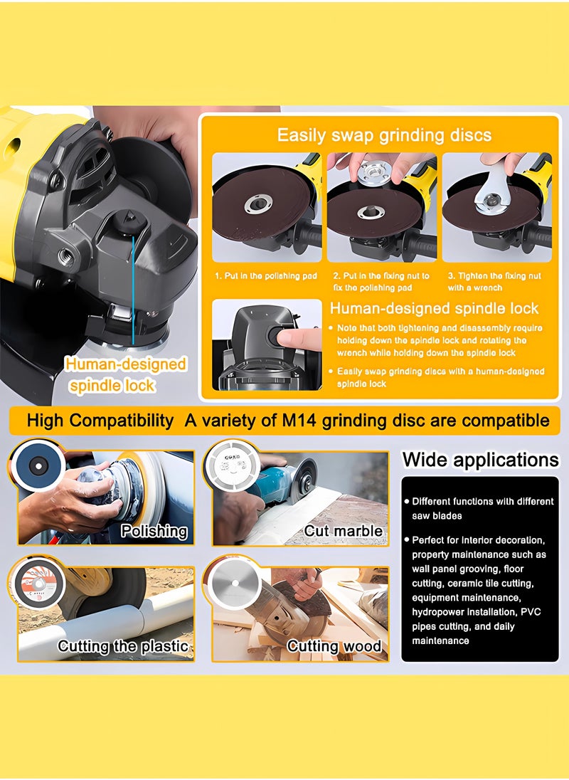 WEMART 36V Angle Grinder, Powerful Motor, Max. 10000 RPM, Drill, Angle Grinder, Cordless, Rechargeable Battery, Lightweight, Ergonomic, 2 6.0Ah Li-ion Batteries, Charger, Yellow  - Image 4