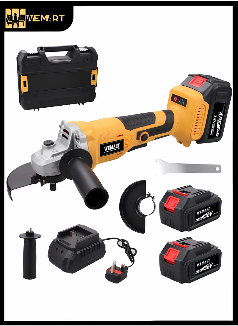 WEMART 36V Angle Grinder, Powerful Motor, Max. 10000 RPM, Drill, Angle Grinder, Cordless, Rechargeable Battery, Lightweight, Ergonomic, 2 6.0Ah Li-ion Batteries, Charger, Yellow  - Image 1