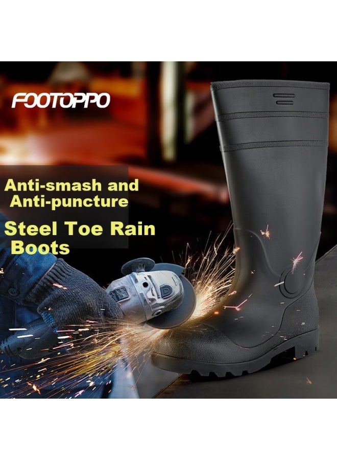 Footoppo Men's Mid-calf Work Rain Boots Steel Toe Anti-smash Puncture-resistant Waterproof Mining Safety Shoes With Steel Plate And Steel Sole High Tube Rubber Boots - Image 1