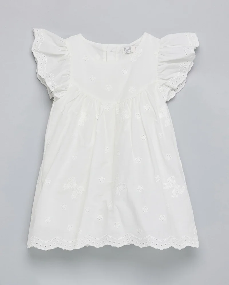 أر أند بي Schiffli Dress With Round Neck And Flutter Sleeves