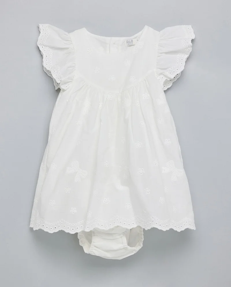 أر أند بي Schiffli Dress With Round Neck And Flutter Sleeves