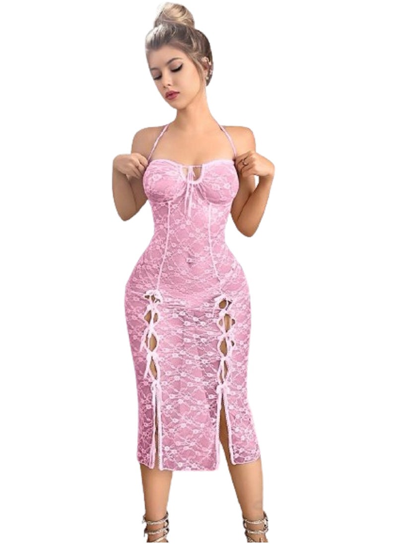 MANIKAN MANIKAN Women’s Lace Midi Cut with Side Ties and Neck Strap 