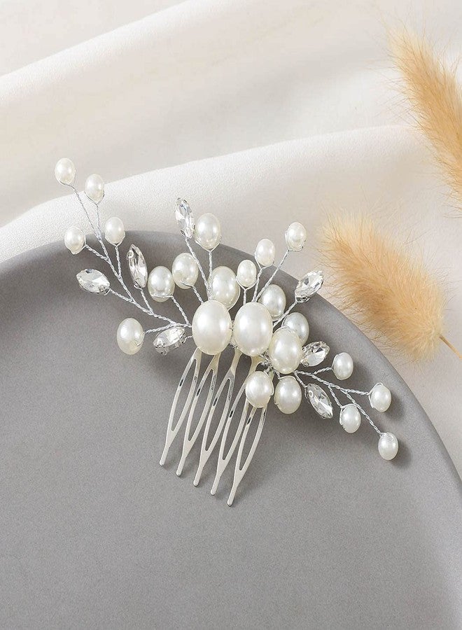 Latious Wedding Bride Pearl Hair Side Comb Silver Rhinestone Bridal Hair Clips Crystal Hair Pieces Hair Accessories for Women and Girls (Silver) - Image 1