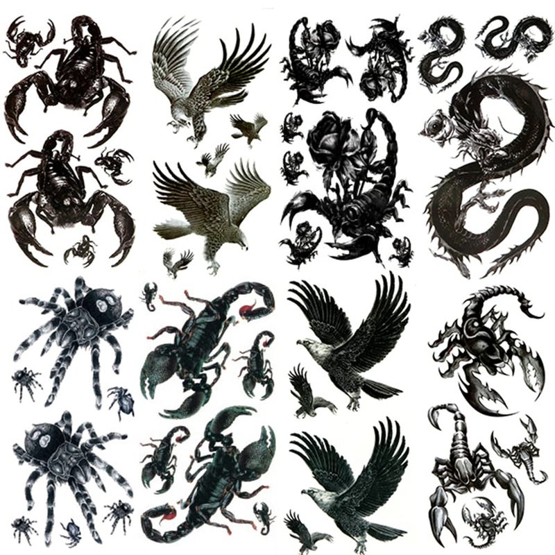 Oottati ملصقات وشم مؤقتة مقاومة للماء 8 أوراق سوداء عقرب ميكانيكي قاتل نسر عنكبوت تنين مثالية للحفلات والفعاليات والمزيد