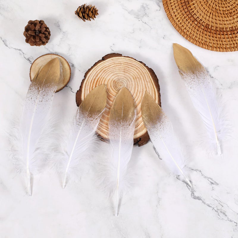 Larryhot Dipped Gold & White Goose Feathers for Crafts - 6-8 inch 60 pcs Natural Feathers for Wedding Party Decorations,DIY Crafts and Table Centerpiece(Gold & White) - Image 5