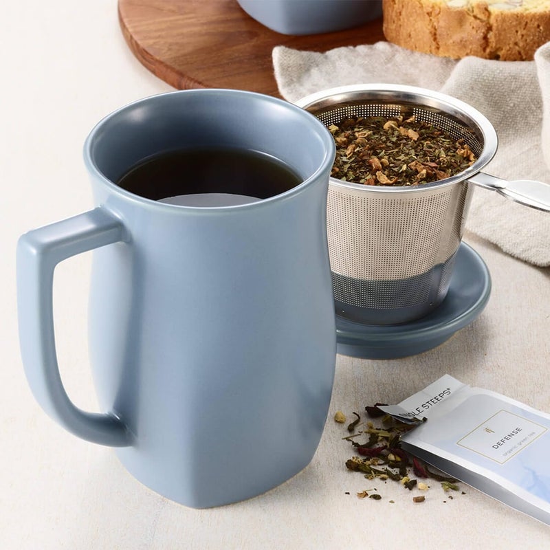 Tea Forte Ceramic Fiore Cup with Handle, Removeable Stainless Steel Infuser Basket and Lid, Steeps 14 oz Loose Leaf Tea, Dishwasher & Microwave Safe, Stone Blue - Image 5
