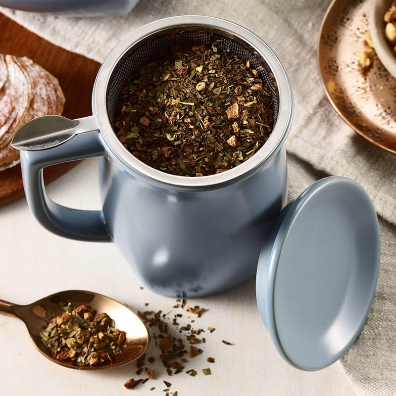 Tea Forte Ceramic Fiore Cup with Handle, Removeable Stainless Steel Infuser Basket and Lid, Steeps 14 oz Loose Leaf Tea, Dishwasher & Microwave Safe, Stone Blue - Image 3