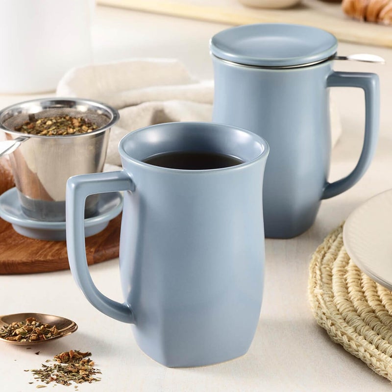 Tea Forte Ceramic Fiore Cup with Handle, Removeable Stainless Steel Infuser Basket and Lid, Steeps 14 oz Loose Leaf Tea, Dishwasher & Microwave Safe, Stone Blue - Image 4