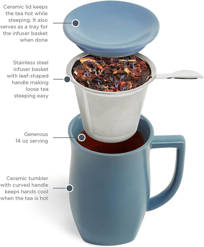Tea Forte Ceramic Fiore Cup with Handle, Removeable Stainless Steel Infuser Basket and Lid, Steeps 14 oz Loose Leaf Tea, Dishwasher & Microwave Safe, Stone Blue - Image 2