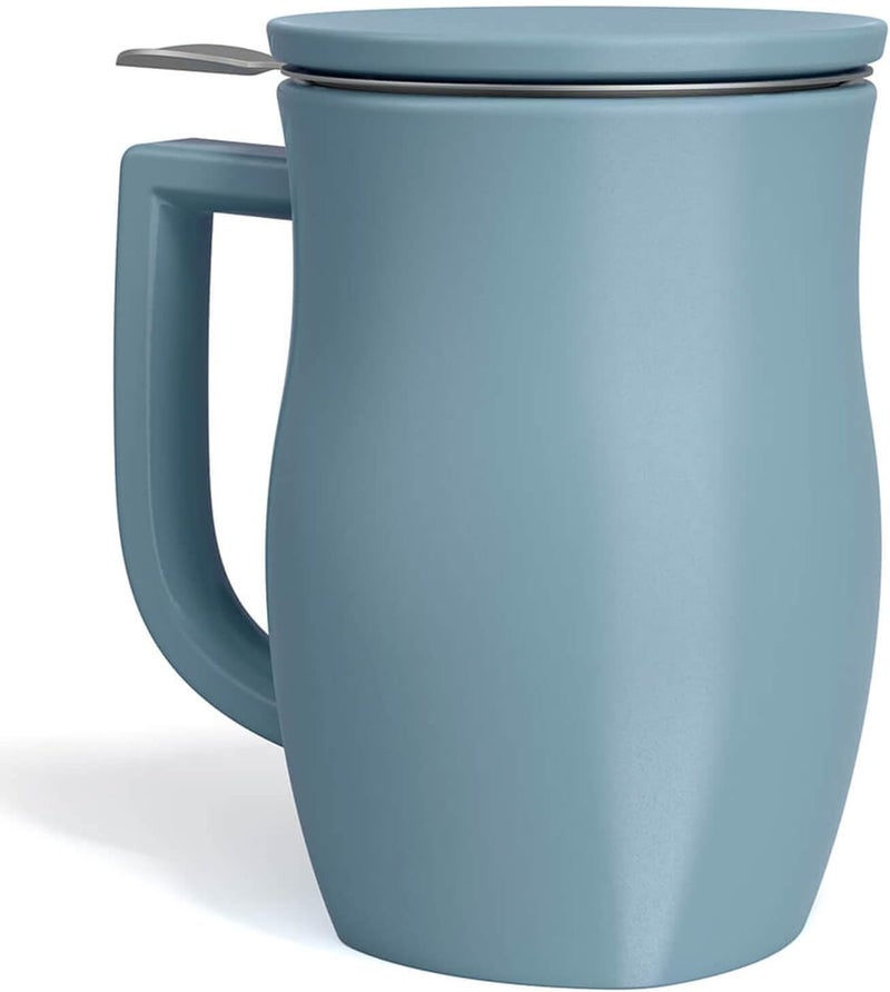 Tea Forte Ceramic Fiore Cup with Handle, Removeable Stainless Steel Infuser Basket and Lid, Steeps 14 oz Loose Leaf Tea, Dishwasher & Microwave Safe, Stone Blue - Image 1