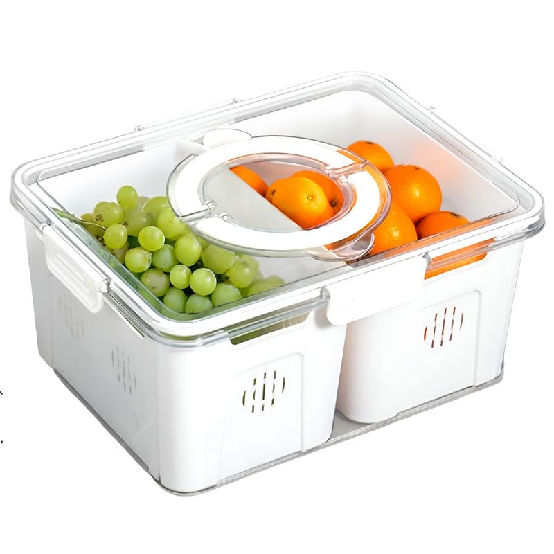 PRIME PICK 2 Compartment PET Fridge Storage Box Food Grade Material Clear Easy View Design with Handles Refrigerator Organizer White Standard Size - Image 1