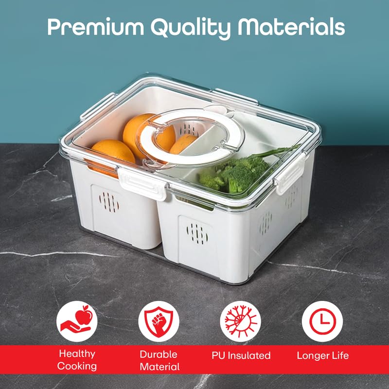 PRIME PICK 2 Compartment PET Fridge Storage Box Food Grade Material Clear Easy View Design with Handles Refrigerator Organizer White Standard Size - Image 3