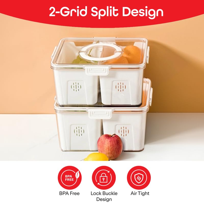 PRIME PICK 2 Compartment PET Fridge Storage Box Food Grade Material Clear Easy View Design with Handles Refrigerator Organizer White Standard Size - Image 5