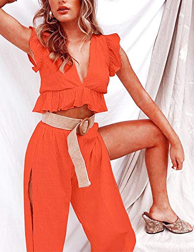 FANCYINN Womens 2 Pieces Crop Top Outfits Deep V Neck Side Slit Drawstring Wide Leg Pants Set Cute Jumpsuits Halloween Pumpkin JackoLantern Orange XL - Image 4