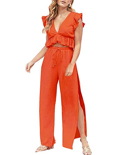 FANCYINN Womens 2 Pieces Crop Top Outfits Deep V Neck Side Slit Drawstring Wide Leg Pants Set Cute Jumpsuits Halloween Pumpkin JackoLantern Orange XL - Image 1