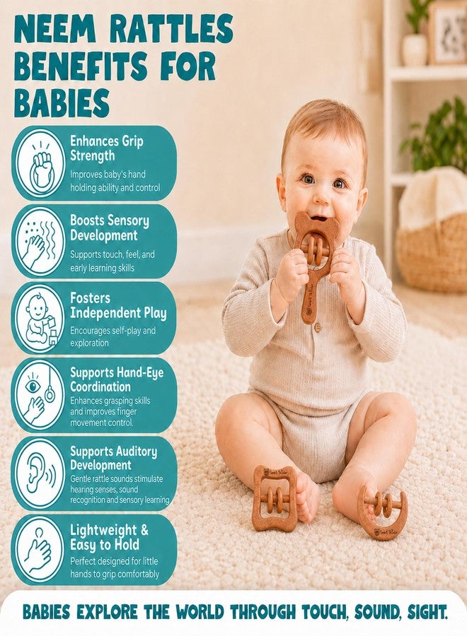 SMARTTHINKER Neem Wood Baby Rattle Combo Set for Infants & Toddlers | Montessori Sensory Grasping & Teether Toys | Early Learning Wooden Toys for Newborn Babies - Image 3