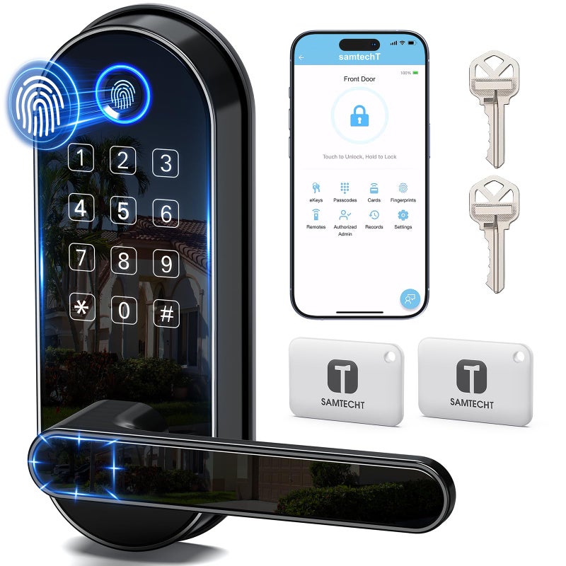 samtechT Bluetooth Fingerprint Smart Lock with Handle & Keypad â€“ Fits Most US Doors, DIY Install, Keyless Entry: Code, FOB, Auto-Lock. Ideal for Home, Airbnb, Rental, Kids, Seniors. Alexa & Google Compatible - Image 1