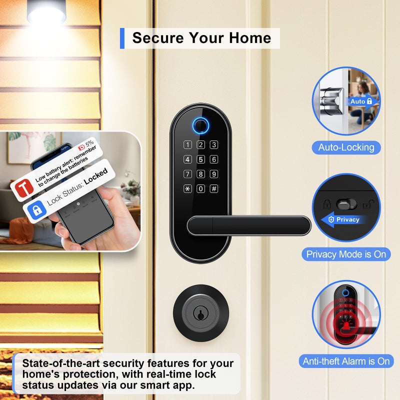 samtechT Bluetooth Fingerprint Smart Lock with Handle & Keypad â€“ Fits Most US Doors, DIY Install, Keyless Entry: Code, FOB, Auto-Lock. Ideal for Home, Airbnb, Rental, Kids, Seniors. Alexa & Google Compatible - Image 4