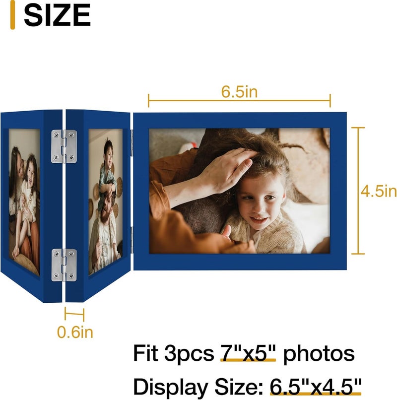decorUhome Triple 7x5 Picture Frame Horizontal, Engineered Wood Trifold Photo Frame with Plexiglass for Tabletop Display, 7x5, Royal Blue - Image 4