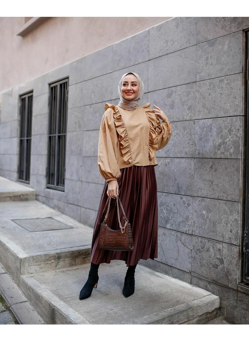 Henza Leather Look Pleated Fabric Skirt