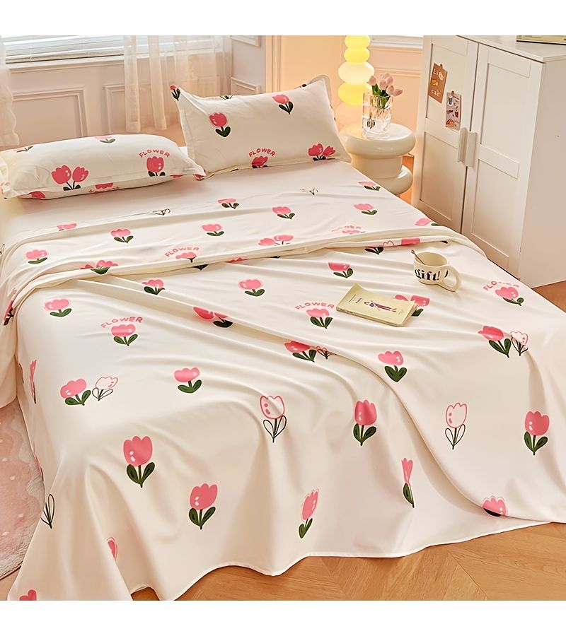 1pc Aloe Vera Fresh Print Single Bed Sheet With Right Angle Design Drape Small Tulip Color 9055 X 9055 - Image 1