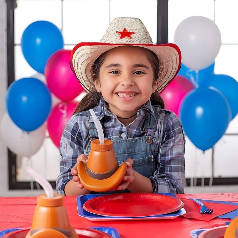 Fun Express Cowboy Party Favors - Western Cups with Lids & Straws 12 Pack | Cowgirl Birthday Party Supplies for Kids | Rodeo Themed Celebrations | Plastic Cowboy Hat Cups 15oz | Boot Cup Design - Image 2