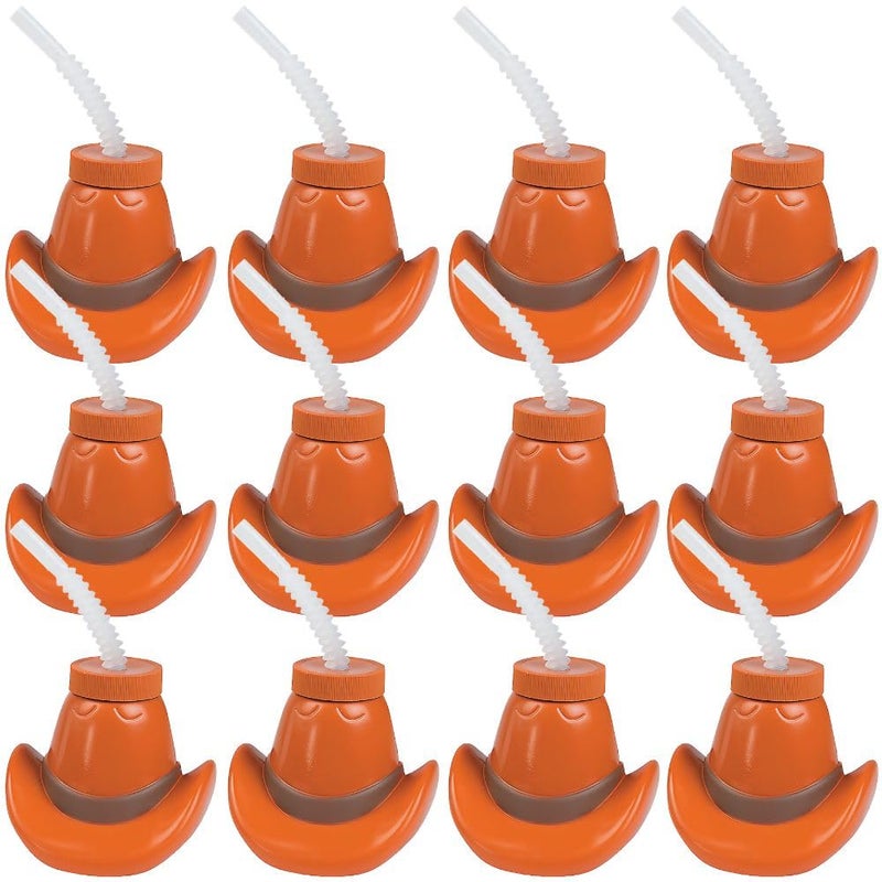 Fun Express Cowboy Party Favors - Western Cups with Lids & Straws 12 Pack | Cowgirl Birthday Party Supplies for Kids | Rodeo Themed Celebrations | Plastic Cowboy Hat Cups 15oz | Boot Cup Design - Image 1