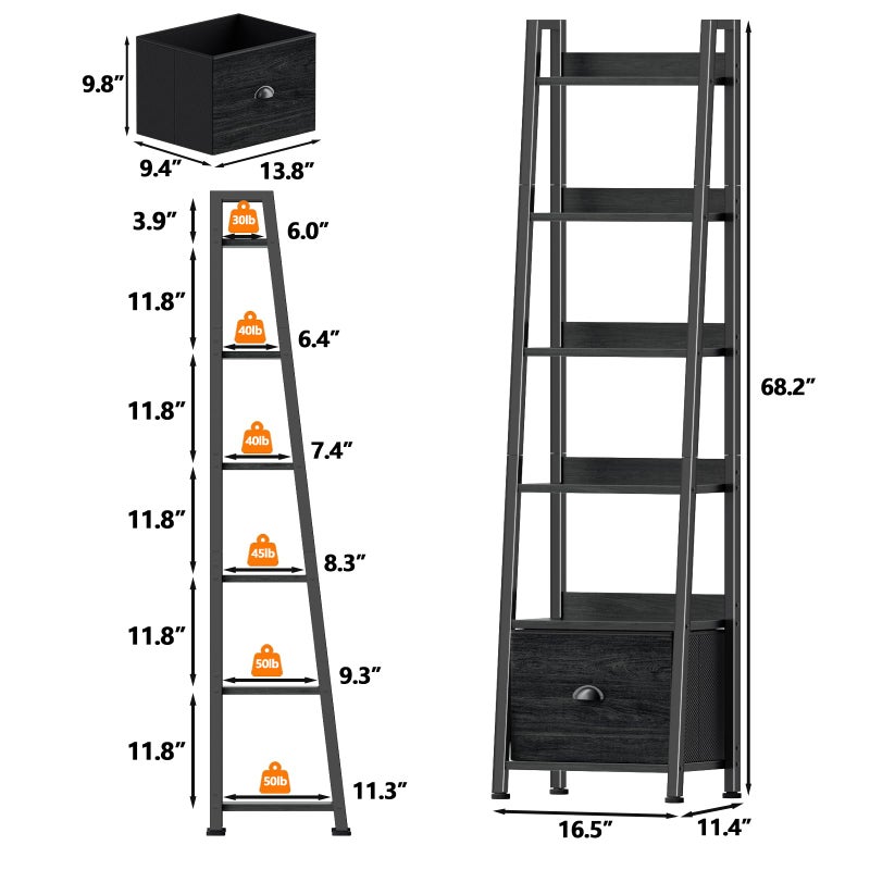 Furologee 6 Tier Ladder Shelf,Ladder Bookshelf with Drawer,Industrial Tall Bookcase,Storage Rack Organizer,Wood Metal Freestanding Shelves for Living Room, Home Office, Bedroom,Black Oak - Image 3
