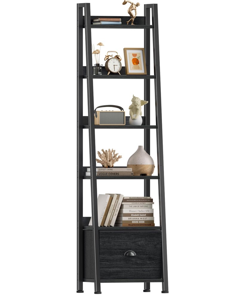 Furologee 6 Tier Ladder Shelf,Ladder Bookshelf with Drawer,Industrial Tall Bookcase,Storage Rack Organizer,Wood Metal Freestanding Shelves for Living Room, Home Office, Bedroom,Black Oak - Image 1