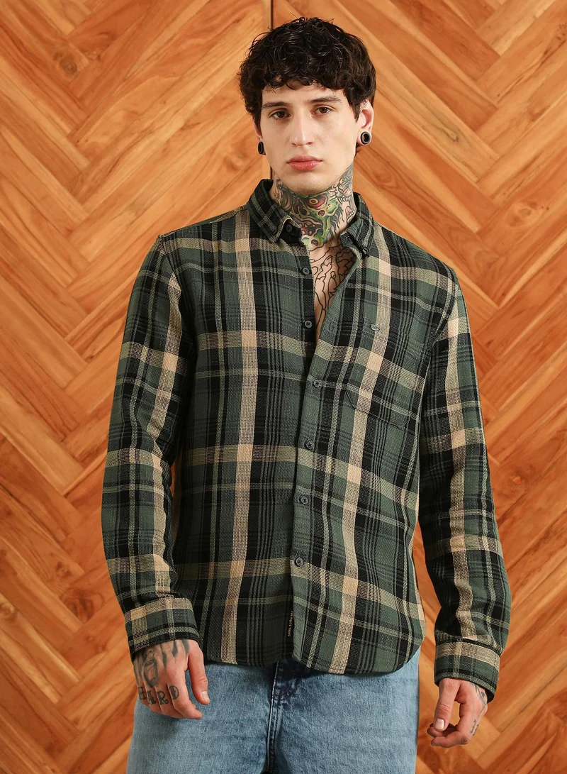 Campus Sutra Men's Dark Green Plaid Cotton Blend Full Sleeve Shirt