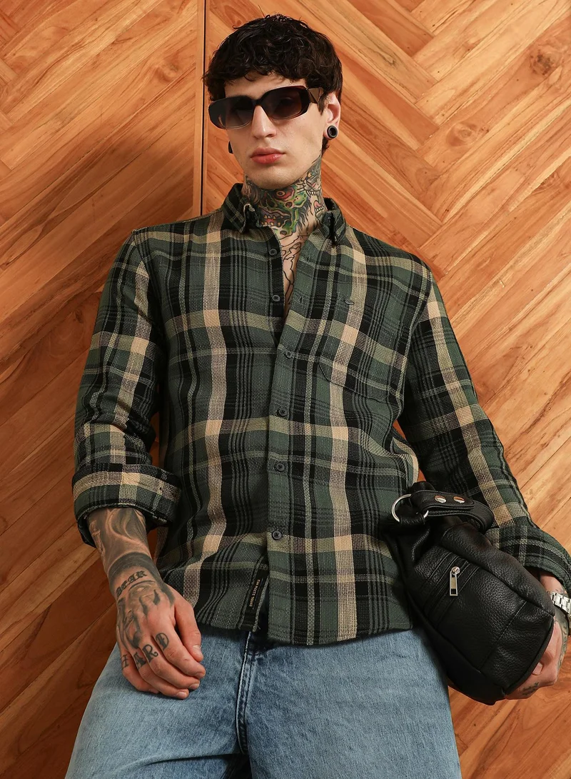Campus Sutra Men's Dark Green Plaid Cotton Blend Full Sleeve Shirt