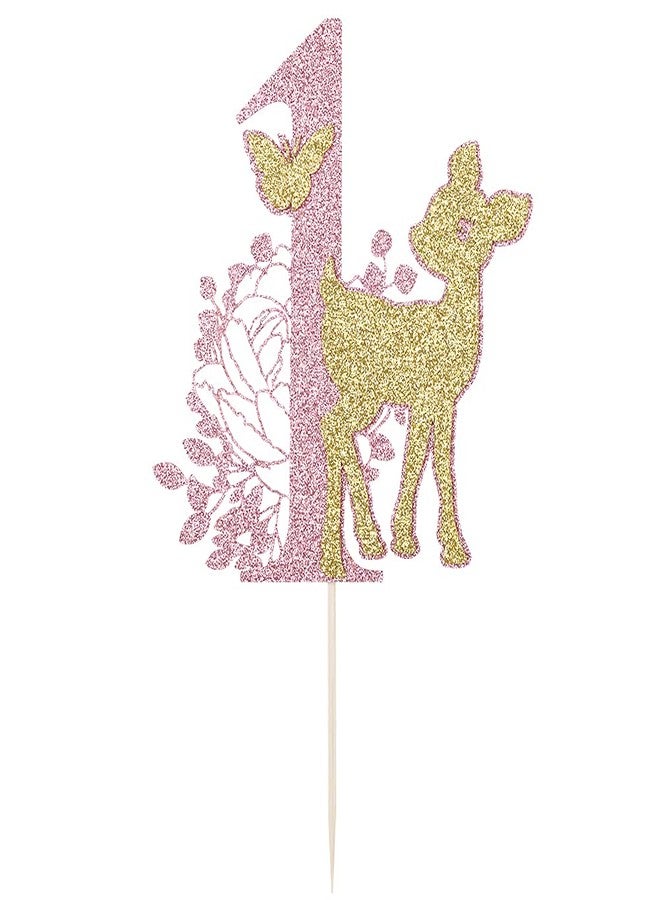 LVEUD Small Deer 1st Birthday Cake Topper - Deer, Butterfly, Pink & Gold - Image 2